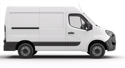 A white delivery van parked against a plain background, showcasing its design and features during daylight hours