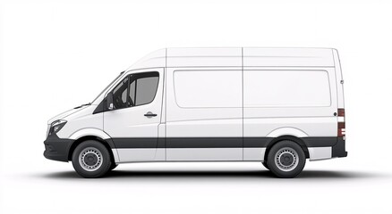 A white delivery van parked against a plain background, showcasing its design and features during daylight hours