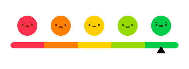 Feedback or rating scale with smiles representing various emotions arranged into horizontal row. Customer's review and evaluation of service or good. Colorful vector illustration in flat style.