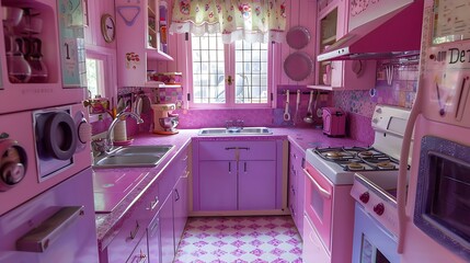 Doll house kitchen in pink and purple
