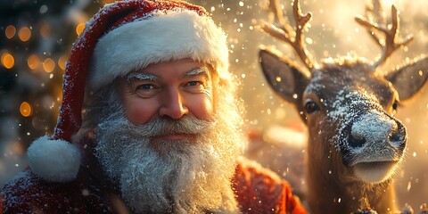 Santa Claus and his trusty reindeer share a heartwarming moment amidst a snowy Christmas scene.