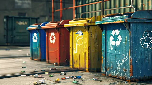 Urban Wasteland: A stark reminder of consumerism, a row of overflowing recycling bins stand amidst discarded trash in an urban alleyway. 