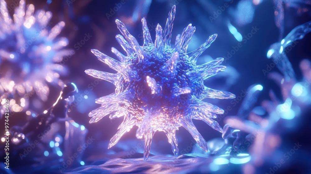 Poster a 3d digital model of a virus, with glowing spikes and a creative representation of its structure.