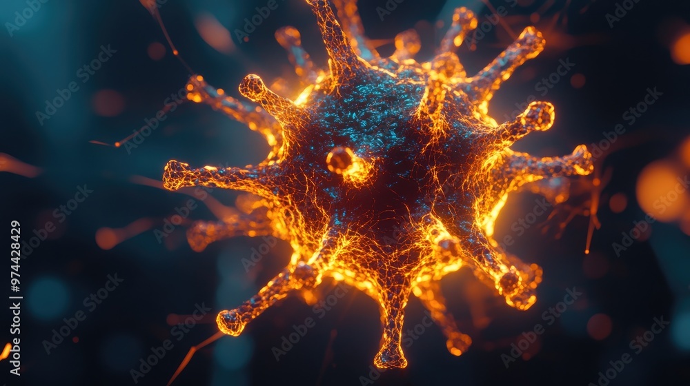 Poster a 3d digital model of a virus, with glowing spikes and a creative representation of its structure.