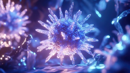 A 3D digital model of a virus, with glowing spikes and a creative representation of its structure.