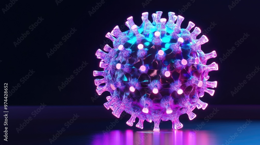 Poster a 3d digital model of a virus, with glowing spikes and a creative representation of its structure.