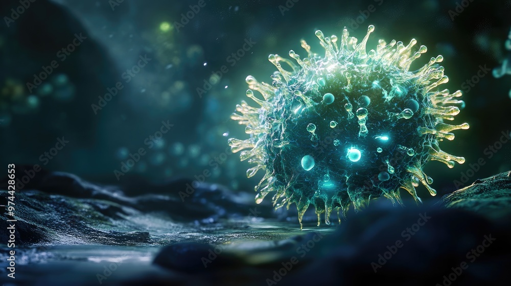 Poster a 3d digital model of a virus, with glowing spikes and a creative representation of its structure.
