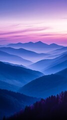 Fototapeta premium Tranquil Dusk: Majestic Mountain Landscape with Ethereal Purple and Blue Skies