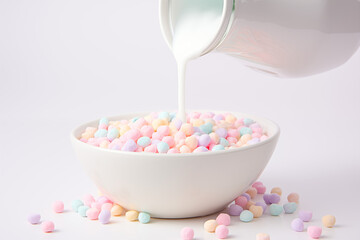 Jar of milk pouring into a bowl of pastel cereal on white background.