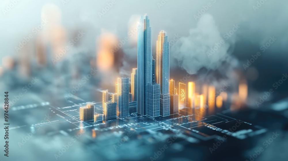 Poster a 3d digital rendering of a business graph transforming into a skyscraper, symbolizing building a su