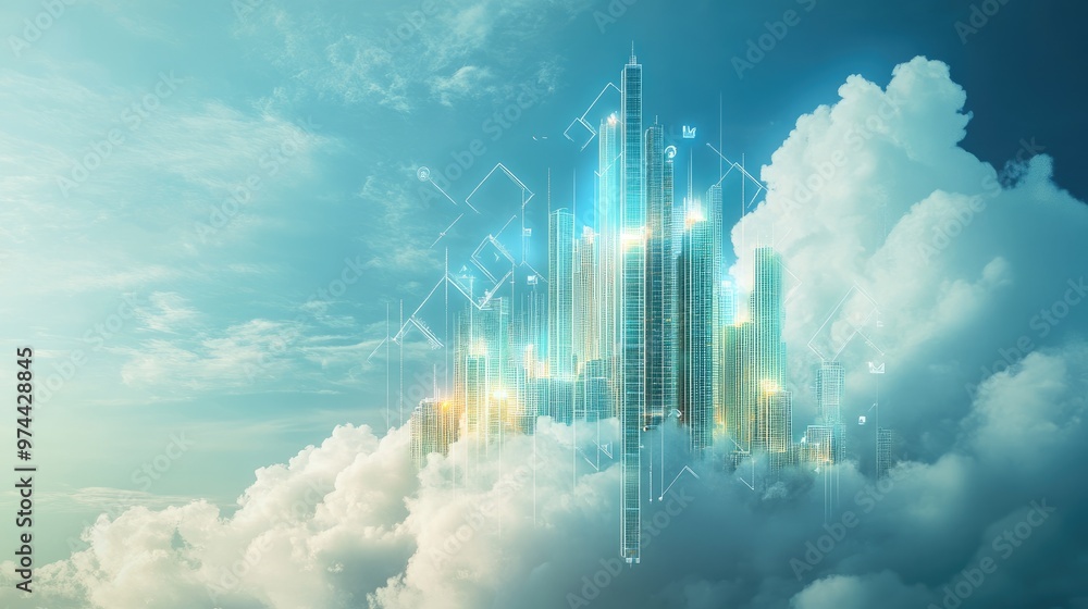 Poster a 3d digital rendering of a business graph transforming into a skyscraper, symbolizing building a su