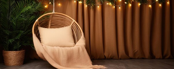 Rattan swing chair draped with bohemian textiles and fairy lights, placed as a unique photo booth corner at a wedding venue