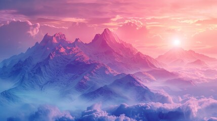 Fototapeta premium A dreamy mountain range in soft pastel colors with misty clouds, creating a surreal and tranquil atmosphere at sunrise.