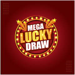 Mega Lucky Draw 3D Style Effect. Retro Vintage Elegant text effect with red and gold Background Vector Design Logo Unit 