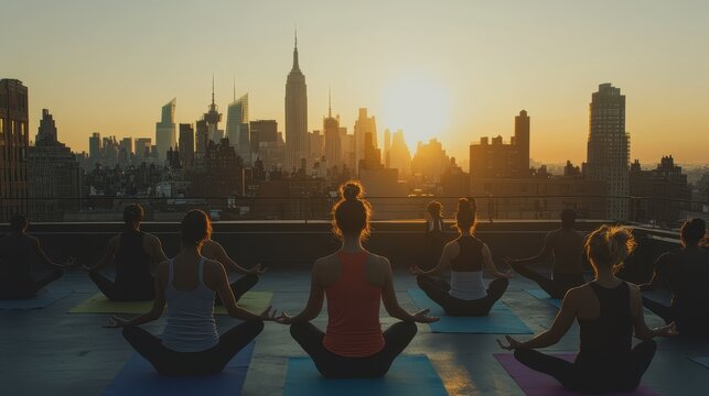 Serene Sunset Yoga Session Overlooking the Manhattan Skyline
