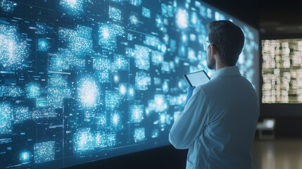 Fototapeta premium A contemplative scientist observing a huge monitor wall filled with dynamic business AI data, reflecting the intersection of human insight and technology. photo
