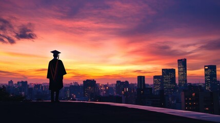 Silhouette of Graduate Student Overlooking Vibrant Cityscape at Sunset