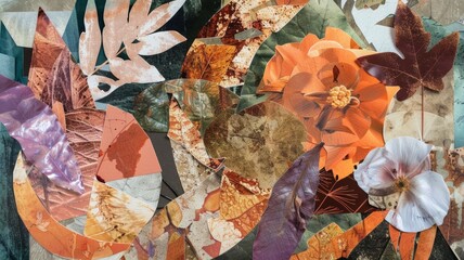 Autumnal Collage with Orange Flower and Leaves