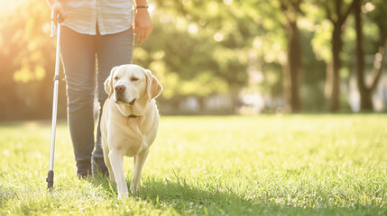 A visually impaired individual being guided by a loyal guide dog through a vibrant green park, highlighting the supportive role of the service animal. photo