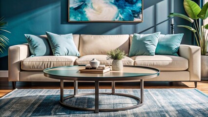 Round accent coffee table near beige sofa against wall with frame. Minimalist interior design of modern living room.
