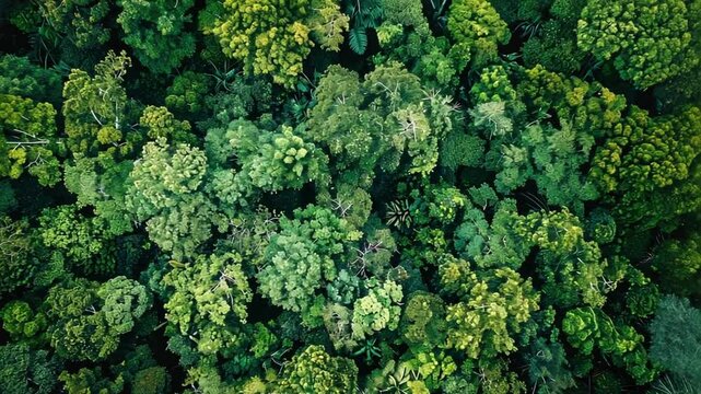 Aerial View of Lush Rainforest Canopy: A breathtaking aerial view of a dense rainforest canopy, showcasing a vibrant tapestry of emerald green foliage. The intricate patterns of the leaves and the dep