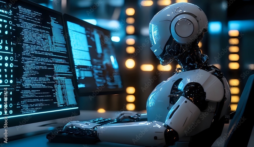 Poster a futuristic white humanoid robot working on a computer.