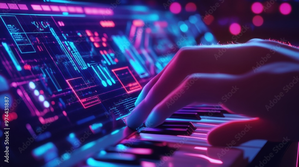 Poster hands on a neon-lit digital keyboard in a futuristic interface