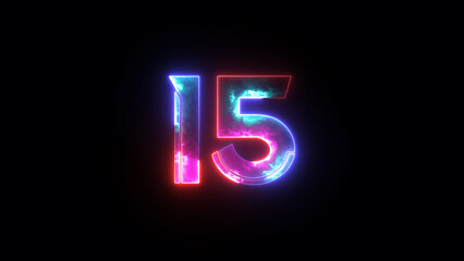 Glowing neon numeric number 15. 4 color neon futuristic effect. Trendy glow lighting