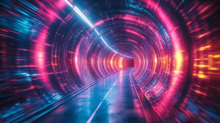 Obraz premium A futuristic tunnel of glowing lights, symbolizing technology and the rapid transfer of data, crafted for a tech-forward background.