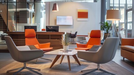A modern office lounge with orange chairs and a white coffee table.