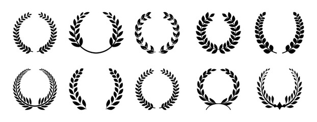 Black Chaplet Nominate Winner Silhouette Icon Set. Twig Achievement Tree Branch Leaf Victory Reward Certified. Circle Black Laurel Wreath Success Pictogram. Glory Crest. Isolated Vector Illustration.