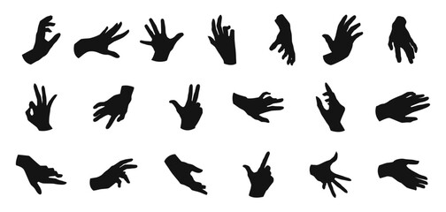 Set of various black silhouette woman hands. Vector collection of female hands of different gestures. Trendy minimal style for logos, prints, designs, illustrations.
