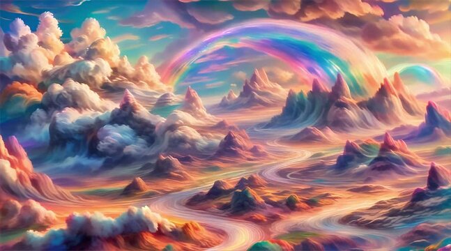 Vibrant rainbow across a surreal cloudscape, creating a dreamy and colorful scene. Fluffy clouds add to the ethereal beauty of this landscape. Pastel clouds with beautiful rainbow.Cute candy fantasy