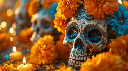 Traditional Mexican heritage shines through in this D&iacute;a de los Muertos altar, filled with marigolds, painted skulls, and candles, celebrating life and memory.