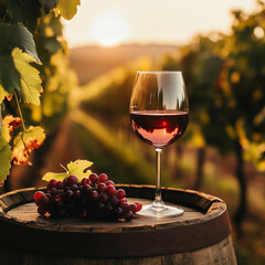 red wine glass and branch of grape on wooden barrel with vineyard, golden hour light background