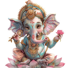 Fototapeta premium Adorable Baby Ganesha with Lotus Isolated on Transparent or White Background, PNG