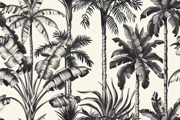  Vintage monochrome botanical illustration of tropical trees in linear style