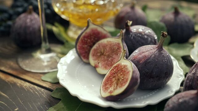 Woman takes fresh ripe fig slice from plate. Harvest serving with leaves, rustic wooden table. Ficus carica. Beautiful sweet seasonal fruits, vegan food. 