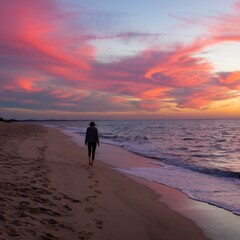 Naklejka premium A woman walks barefoot along the shoreline, leaving gentle footprints behind during a peaceful sunset over a secluded beach with pink and orange skies.