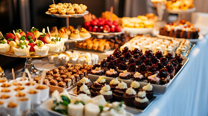 Fototapeta premium A delectable array of desserts, from decadent cakes to delicate pastries , Food Buffet Brunch Catering Dining Eating Party Sharing Concept , Great variety of different multicolored snacks 