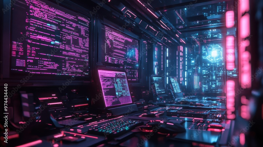 Aufkleber futuristic tech workspace with glowing interfaces and cyberpunk atmosphere