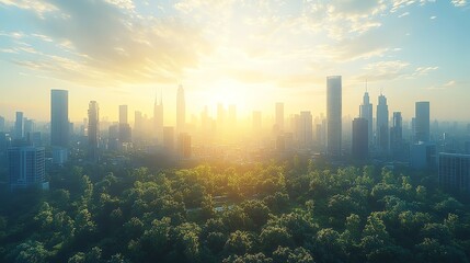 A vibrant cityscape with tall buildings against a bright blue sky, framed by a field of yellow flowers.