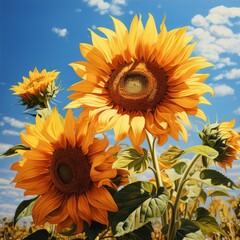 Obraz premium Close up of sunflowers in a field. Yellow sunflowers in a sunflower field on the background of a blue sky with clouds. Group of beautiful big yellow flowers with seeds on a sunny day.