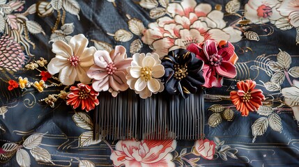 hand made flowers and combs constructed from kimono material on a fabric background