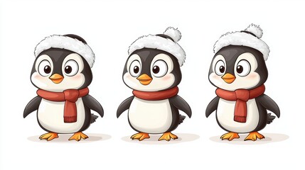 Fototapeta premium Three Cute Penguins Wearing Winter Accessories