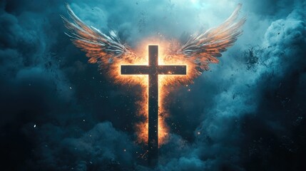 Glowing cross with ethereal angel wings in a dramatic, heavenly scene with a soft light halo on a dark background