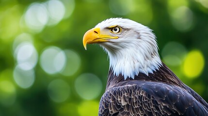 Fototapeta premium Bald eagle with piercing yellow eyes and strong posture.
