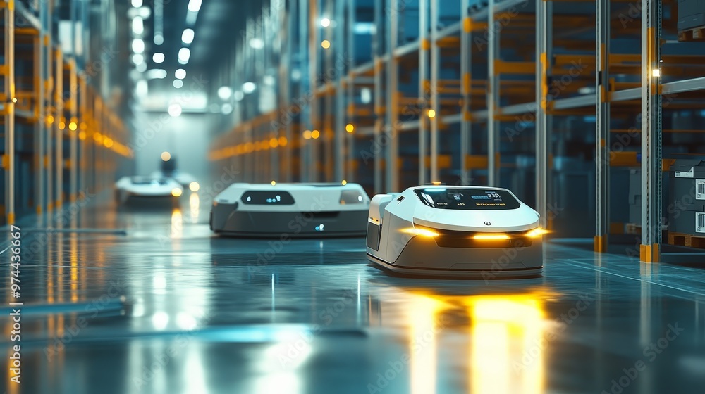 Poster autonomous robots maneuvering through a modern warehouse with advanced navigation and control system