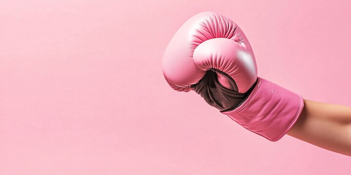 A person throws a powerful punch while wearing a pink boxing glove against a light pink background