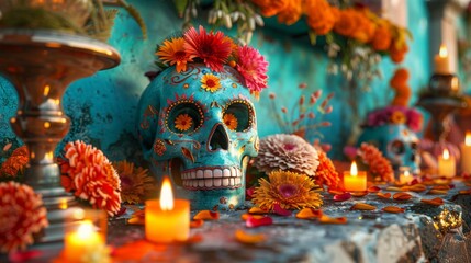 Vibrant D&iacute;a de los Muertos altar decorated with painted skulls, marigold flowers, candles, and traditional offerings, celebrating Mexican heritage.